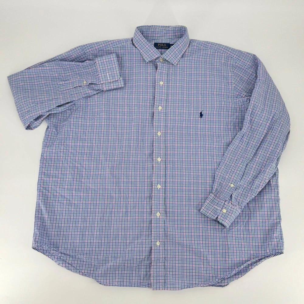 Polo‎ Ralph Lauren Men 2XB Big Plaid Button Down Shirt Blue Green Pink LS